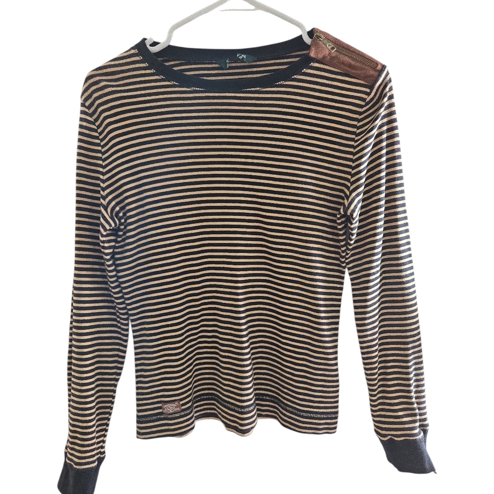 Lauren Ralph Lauren Navy Blue and Cream Striped Long Sleeve Top M